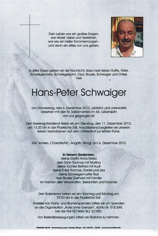 Schwaiger Hans-Peter verstorben